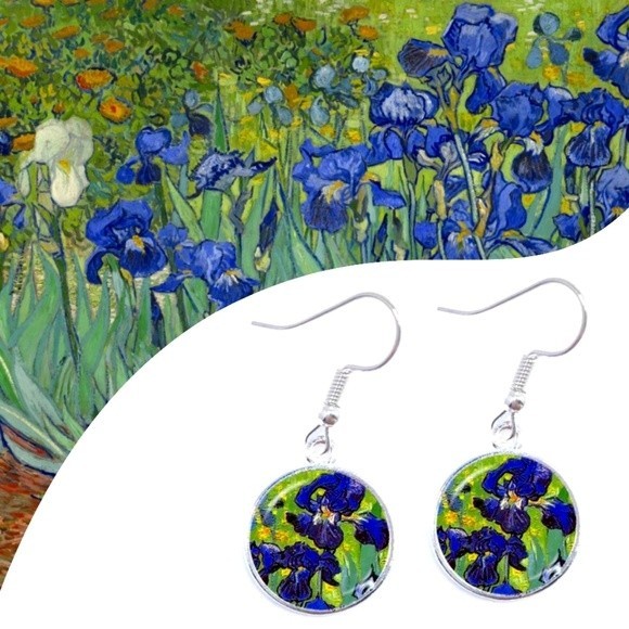 unknown Jewelry - Van Gogh Irises Painting Drop Glass Earrings